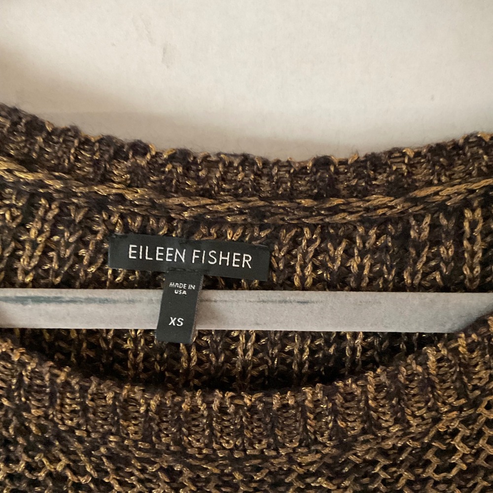 EILEEN FISHER Metallic Knit Sweater Long Sleeve Crew Neck Brown Gold XS - Picture 2 of 9